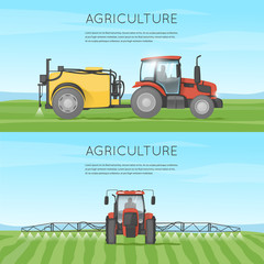 Obraz premium Tractor watering field. Agriculture. Agricultural vehicles. Harvesting, agriculture. Farm. Tractor processes the earth. Equipment for agriculture. Flat design vector illustration.