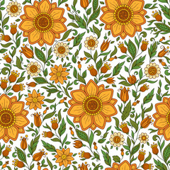 Seamless vector floral pattern with colorful fantasy plants and