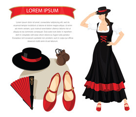 Vector illustration of woman dancer in spanish folk costume. Element of traditional flamenco equipment. Brunette girl get dressed hat on her head