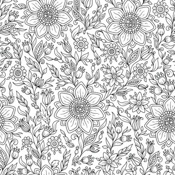 Vector Seamless Monochrome Floral Pattern.