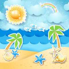 Fototapeta na wymiar Summer seascape with palms and shells