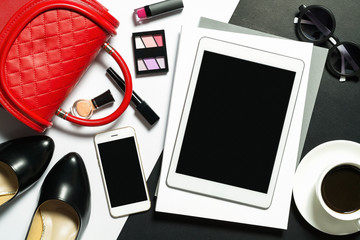 Overhead view of Tablet and essential beauty items, Top view of