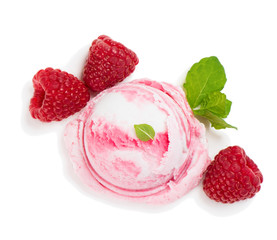 Scoop of vanilla and raspberry ice cream