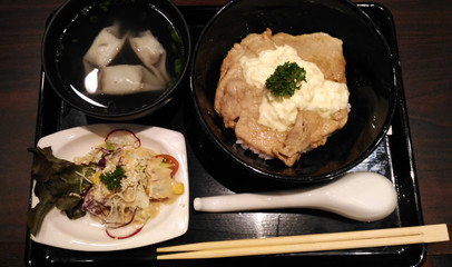 Set of rice with fried pork and  Salad