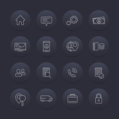 16 business, finance, enterprise line icons, dark set, vector illustration