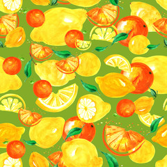      Watercolor pattern of tropical fruit - citrus, oranges, grapefruit, lemons 