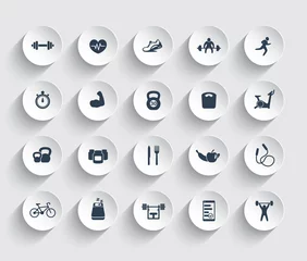 Fotobehang 20 fitness icons, gym, workout, training, pictograms, icons on round 3d shapes, vector illustration © nexusby
