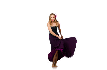 Woman in purple dress isolated on white