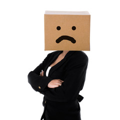 Unhappy face on box, business woman on white background, busines