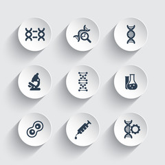 genetics icons, dna chain vector sign, genetic modification, dna research, laboratory icons on round 3d shapes