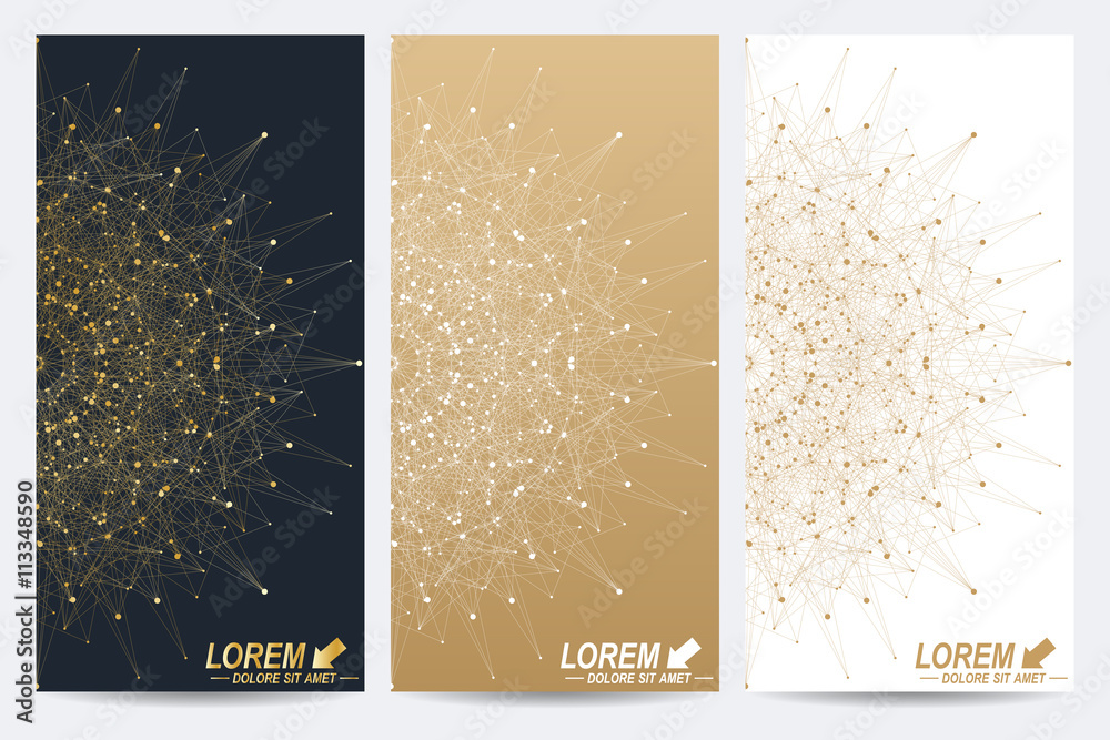 Poster modern set of vector flyers. molecule and communication background. geometric abstract round golden 