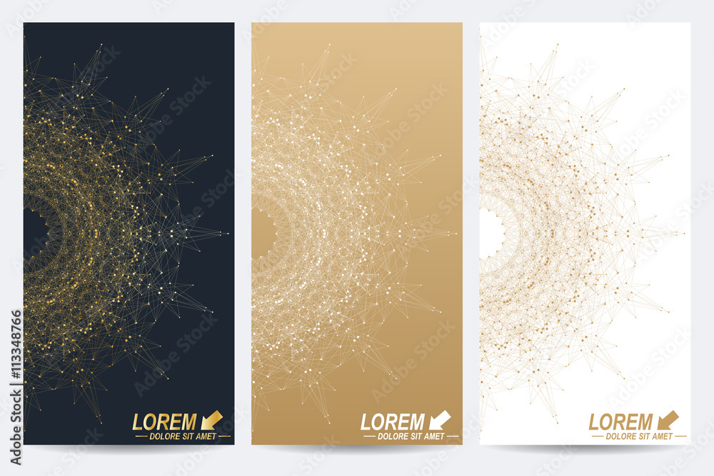 Poster modern set of vector flyers. molecule and communication background. geometric abstract round golden 