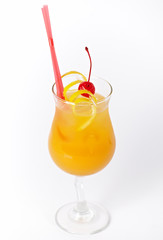 Orange cocktail drink with lemon and cherry isolated on white background