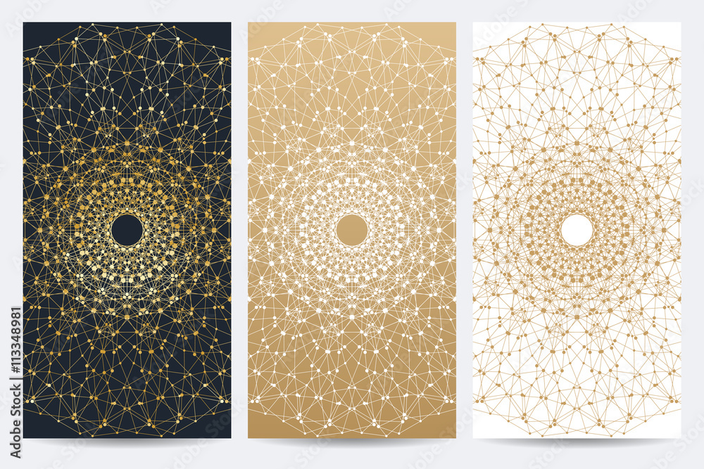 Poster modern set of vector flyers. molecule and communication background. geometric abstract round golden 