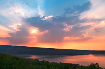 Beautiful sunset over lake at Lam Ta Khong Reservoir