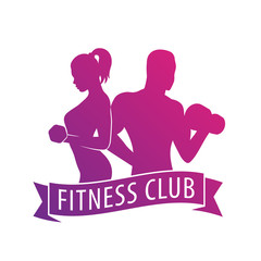Fitness club logo with exercising athletic man and girl isolated on white, vector illustration