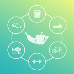 Healthy lifestyle icons set, diet, sleeping, fitness activity, relaxation, healthy food, vector illustration