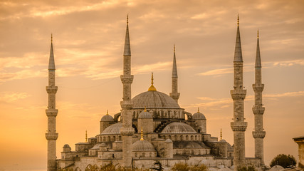 Blue mosque in glorius sunset, Istanbul, Sultanahmet park. The biggest mosque in Istanbul.