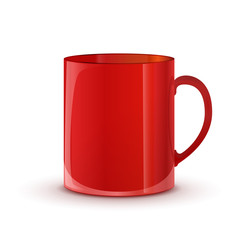 Realistic glossy red cup with shadow on white