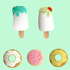 Drawing of a set with ice lolly, cookies in a pink glaze, donuts with cream and sprinkles on a light turquoise monochromatic background