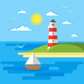 Flat summer vector landscape. Travel and sailing concept template with sun, clouds, sea, lighthouse, boat, yacht. Stylish trendy outdoor tourism, rest, vacation theme.