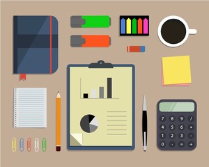 Top view of a desk background, where there is a calculator, office objects, stationery, documents and cup of coffee. Flat design vector illustration