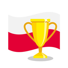Golden cup with polish flag on white background. Concept of championship, league, team sport. Concept of prize, leadership, winning and success. Winner award.