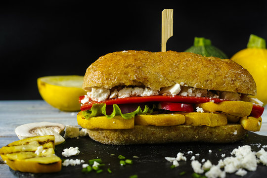 Healthy Vegetarian Veggie Sandwich With  Grilled Yellow Squash Zucchini