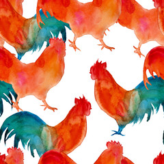 background roosters. seamless pattern. watercolor illustration