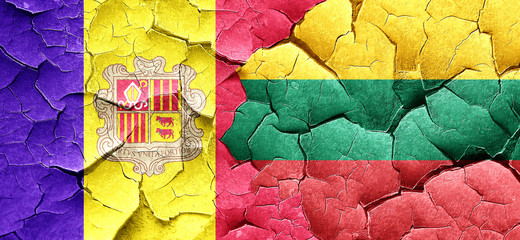 Andorra flag with Lithuania flag on a grunge cracked wall