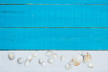 Blank beach sign with seashells and sand border