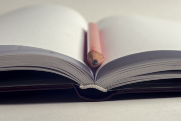 Close-up of open book and pen.