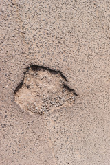 Crack in asphalt. Damaged pavement. Poor condition of the road surface.