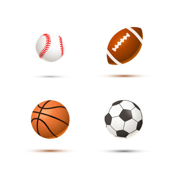 Set of realistic sport balls for soccer, basketball, baseball and rugby on white