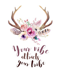 Watercolor floral boho antler print.  western bohemian decoratio © kris_art