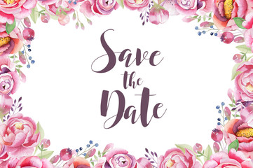 Invitation card with watercolor peony elements. Rustic boho Wedd