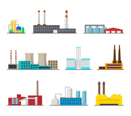 Obraz premium Detailed vector industrial factory flat icons set or landscape set. The nuclear power, old, modern factory, chemical plant. Power electricity manufactory buildings isolated on white background