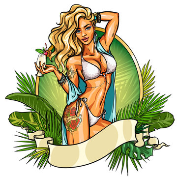 Party girl in bikini with cocktail. Label.