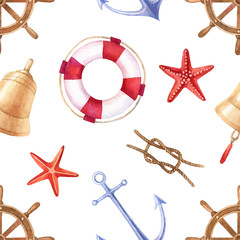 Obraz premium Nautical watercolor summer seamless pattern