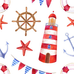 Fototapeta premium Nautical watercolor seamless pattern with a lighthouse
