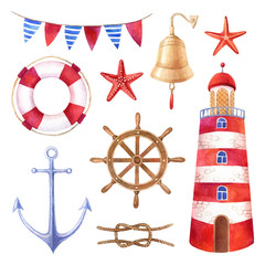 Fototapeta premium Nautical summer watercolor illustrations set