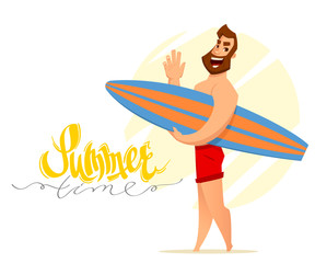 Summertime. Surfer with board in red shorts. Summer lettering. Summer theme