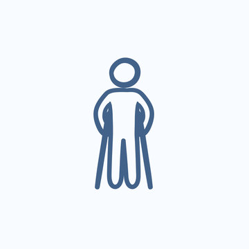 Man with crutches sketch icon.