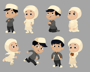 Set of kid muslim people doing activities.vector and illustratio