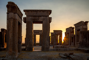 Orange Sunset at Palace of Darius from Achaemenid Empire in Persepolis of Shiraz