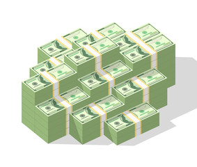 Big money concept. Stacked pile of hundred us dollar cash. Vector isometric illustration