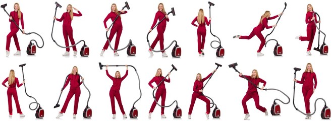 Young woman with vacuum cleaner on white