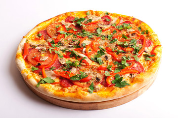Pizza with salami, tomatoes, paprika and mushrooms isolated on white