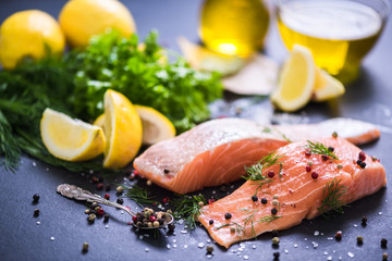 dieting concept, fresh salmon fish steaks