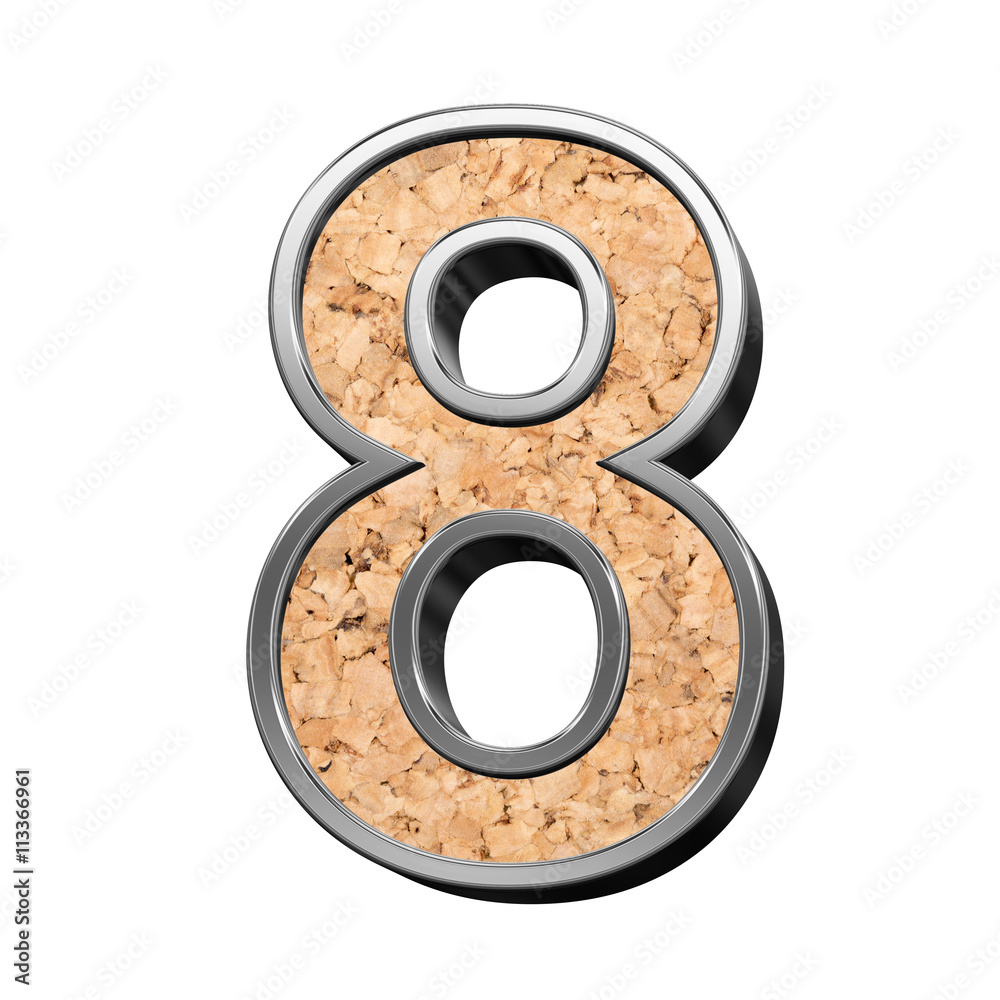 Fototapete one digit from cork with silver shiny frame alphabet set, isolated on white. 3d illustration.